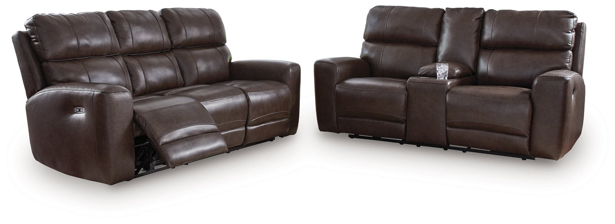 Crossplex Smoke Power Reclining Sofa and Loveseat by Ashley at Eve Furniture