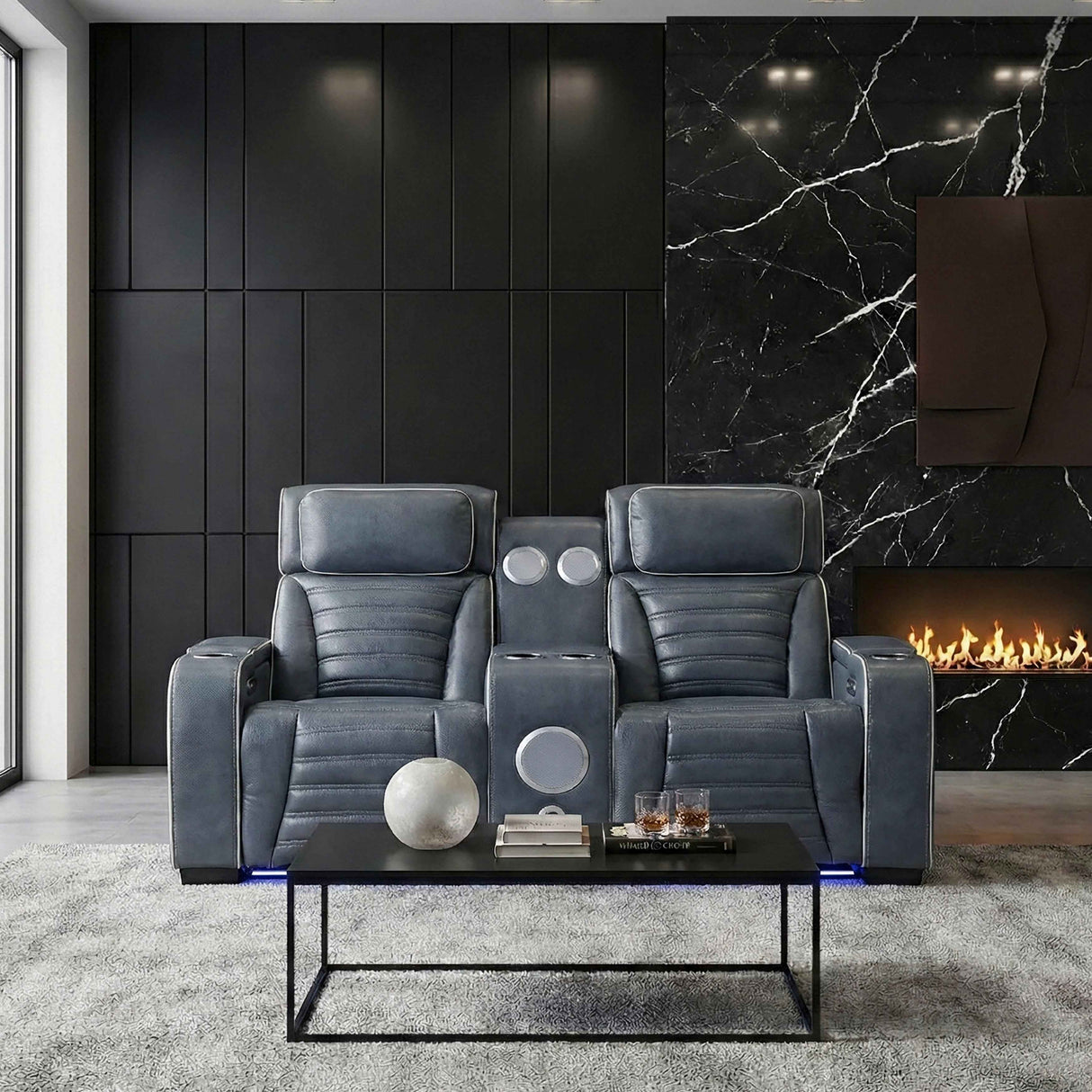 Cyber Blue Power Double Reclining Loveseat with Center Console by Homelegance at Eve Furniture