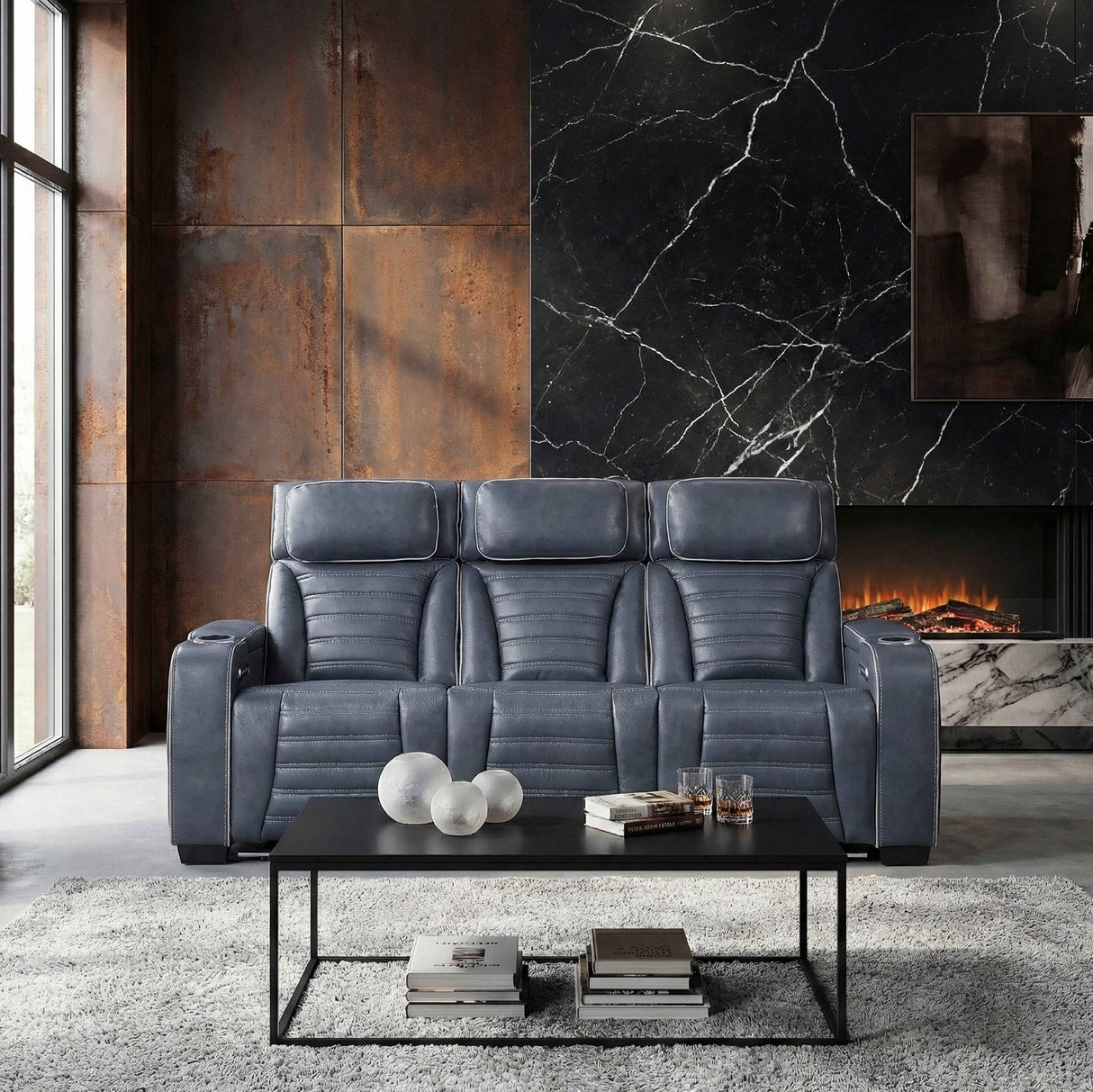 Cyber Blue Power Double Reclining Sofa with Center Drop-Down by Homelegance at Eve Furniture