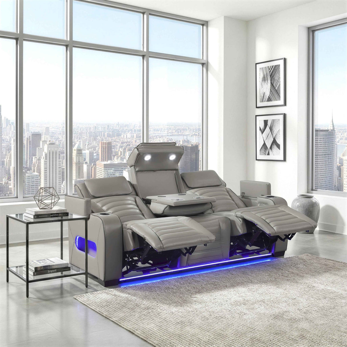 Cyber Gray Power Double Reclining Sofa with Center Drop-Down by Homelegance at Eve Furniture