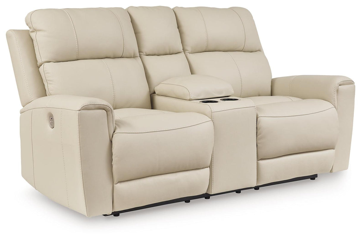 Dahlmoore Almond Power Reclining Loveseat with Console by Ashley at Eve Furniture