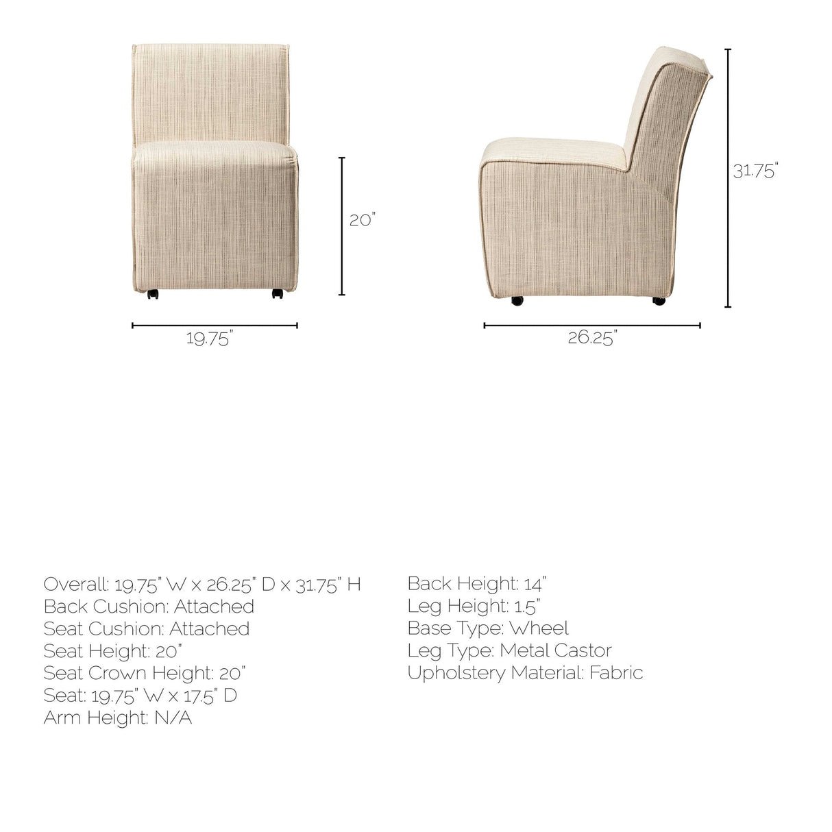 Damon Fully Upholstered Cream-Toned Fabric Dining Chair on Casters, Set of 2 by Mercana at Eve Furniture