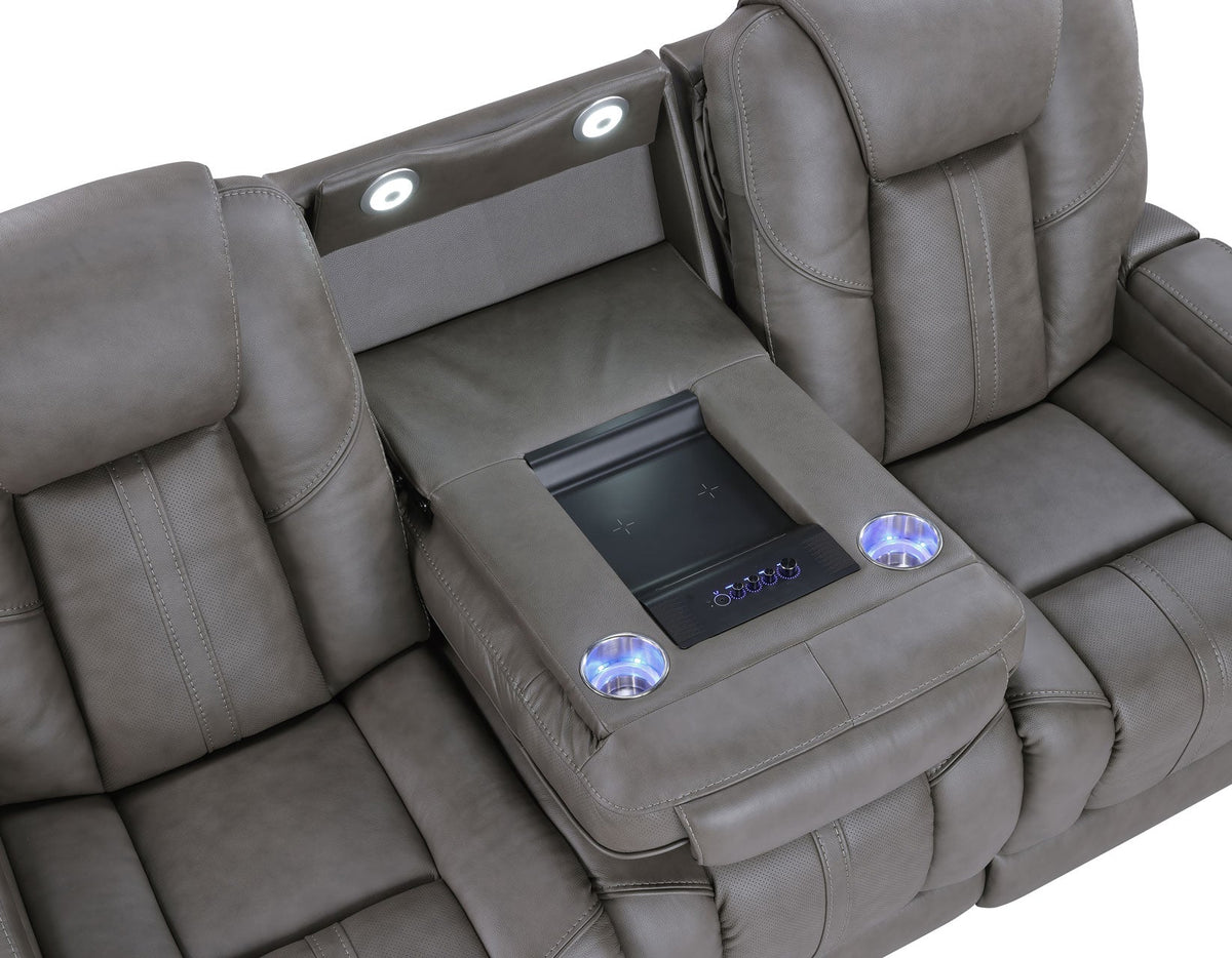 Daniel Triple Power Home Theater Leather Reclining Sofa with Drop-Down Control Console, Built-in Speakers & Vibration, Heat, and Massage by Steve Silver at Eve Furniture