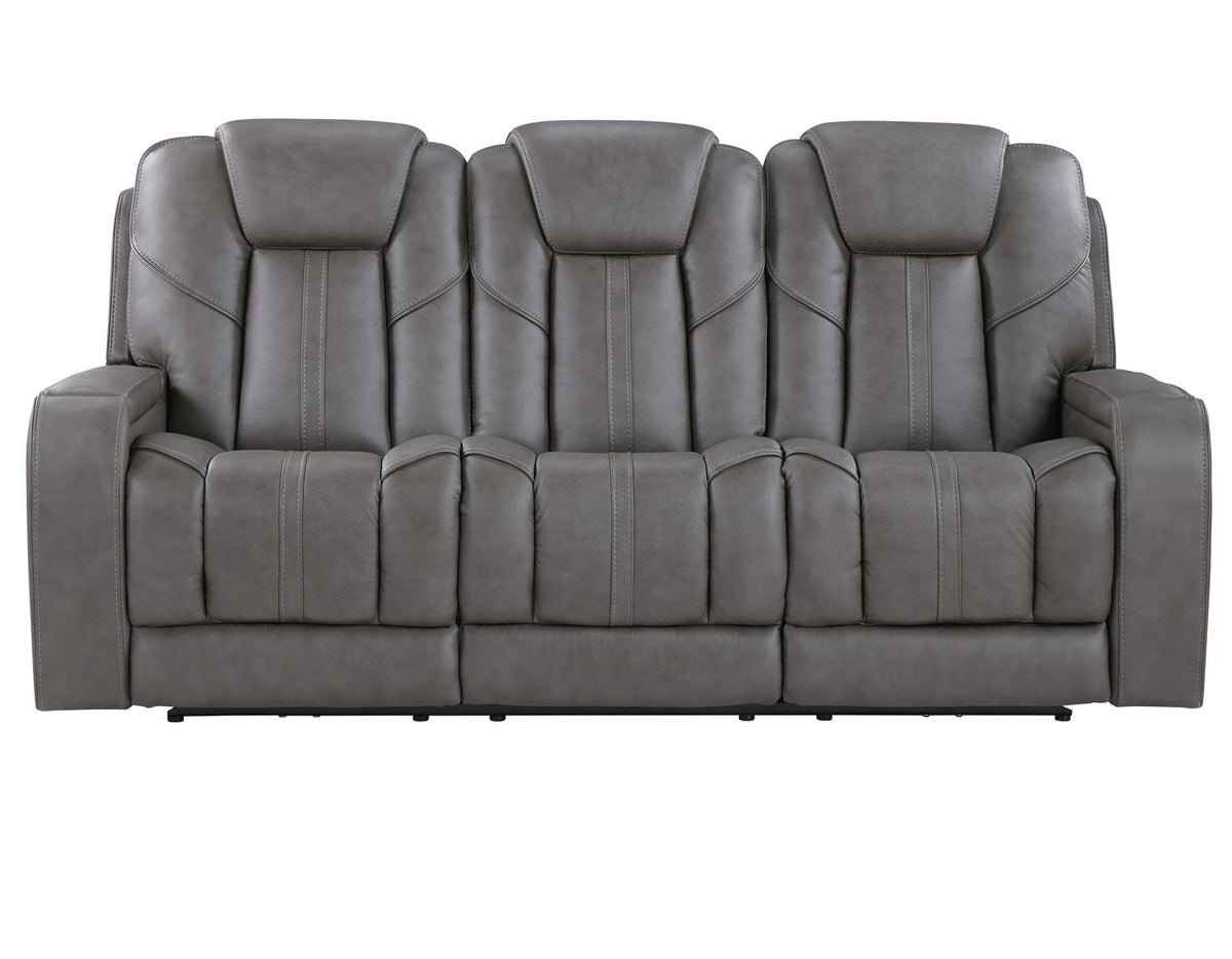 Daniel Triple Power Home Theater Leather Reclining Sofa with Drop-Down Control Console, Built-in Speakers & Vibration, Heat, and Massage by Steve Silver at Eve Furniture