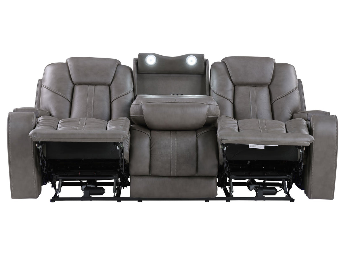 Daniel Triple Power Home Theater Leather Reclining Sofa with Drop-Down Control Console, Built-in Speakers & Vibration, Heat, and Massage by Steve Silver at Eve Furniture