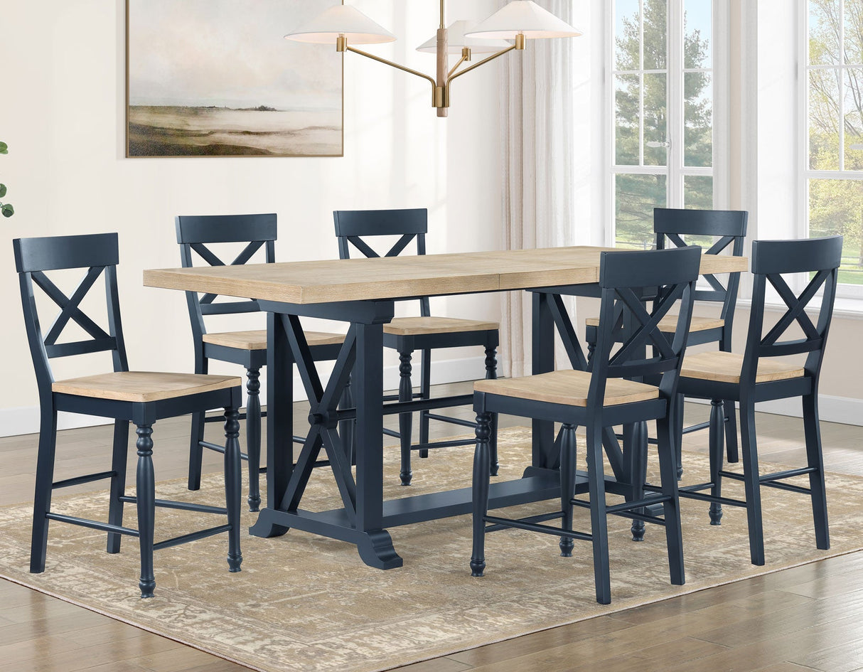 Darcy 64-82″Counter Table with 18-inch leaf, Midnight Blue and Natural Finish by Steve Silver at Eve Furniture