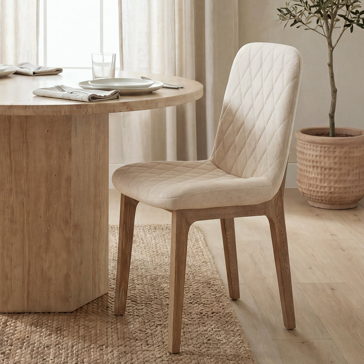 David Diamond Tuffed Cream Fabric Wrap Brown Wood Base Dining Chair, Set of 2 by Mercana at Eve Furniture