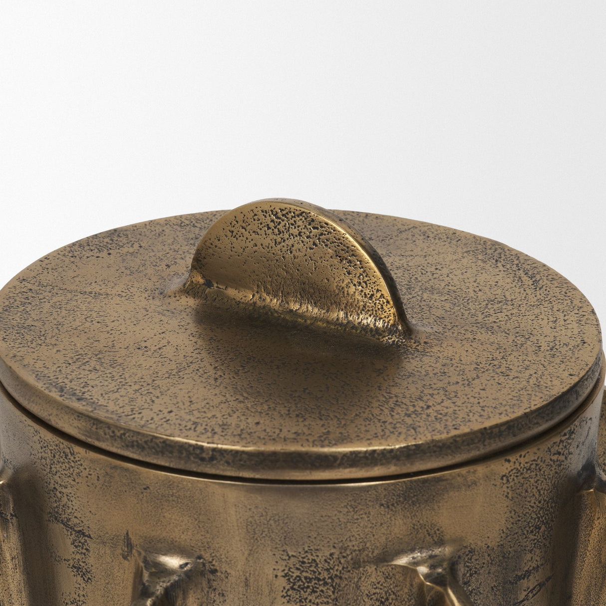 Deacon Large Antiqued Gold Metal Canister with Sculptural Handles by Mercana at Eve Furniture