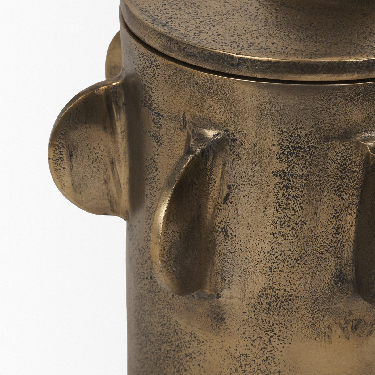 Deacon Large Antiqued Gold Metal Canister with Sculptural Handles by Mercana at Eve Furniture
