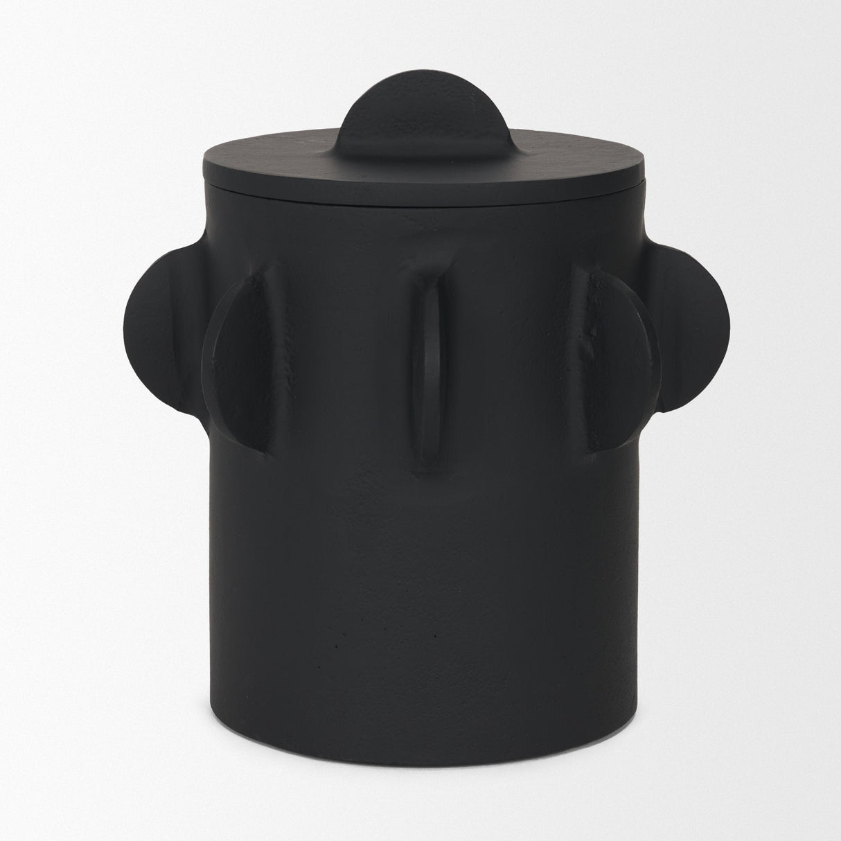 Deacon Large Matte Black Metal Canister with Sculptural Handles by Mercana at Eve Furniture