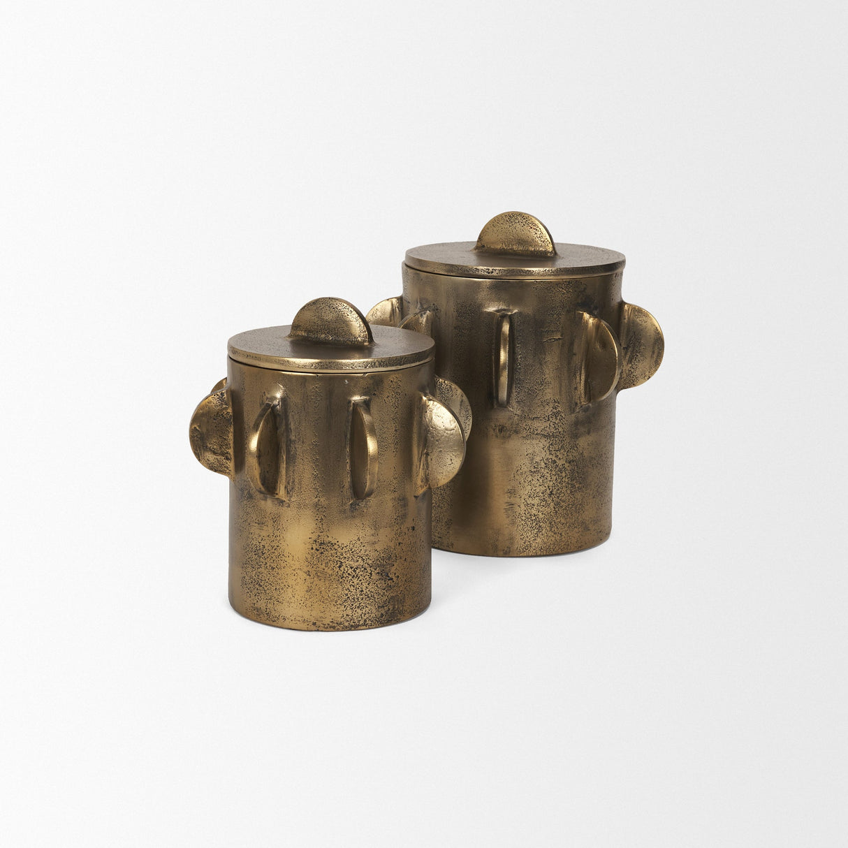 Deacon Small Antiqued Gold Metal Canister with Sculptural Handles by Mercana at Eve Furniture
