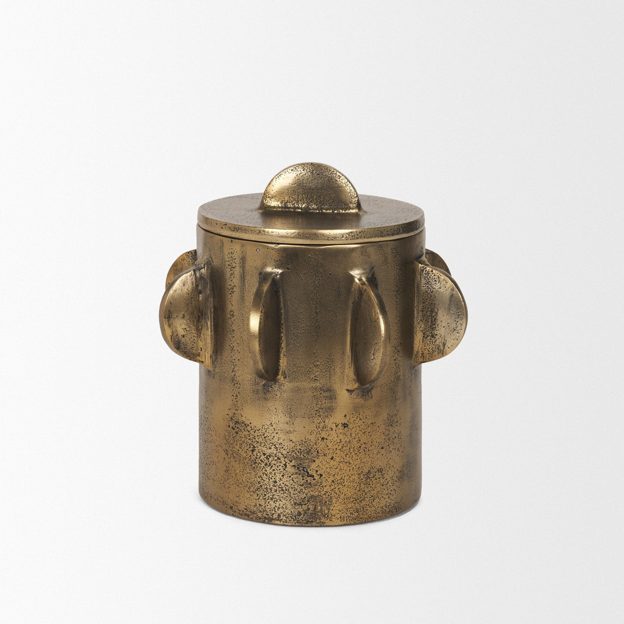 Deacon Small Antiqued Gold Metal Canister with Sculptural Handles by Mercana at Eve Furniture