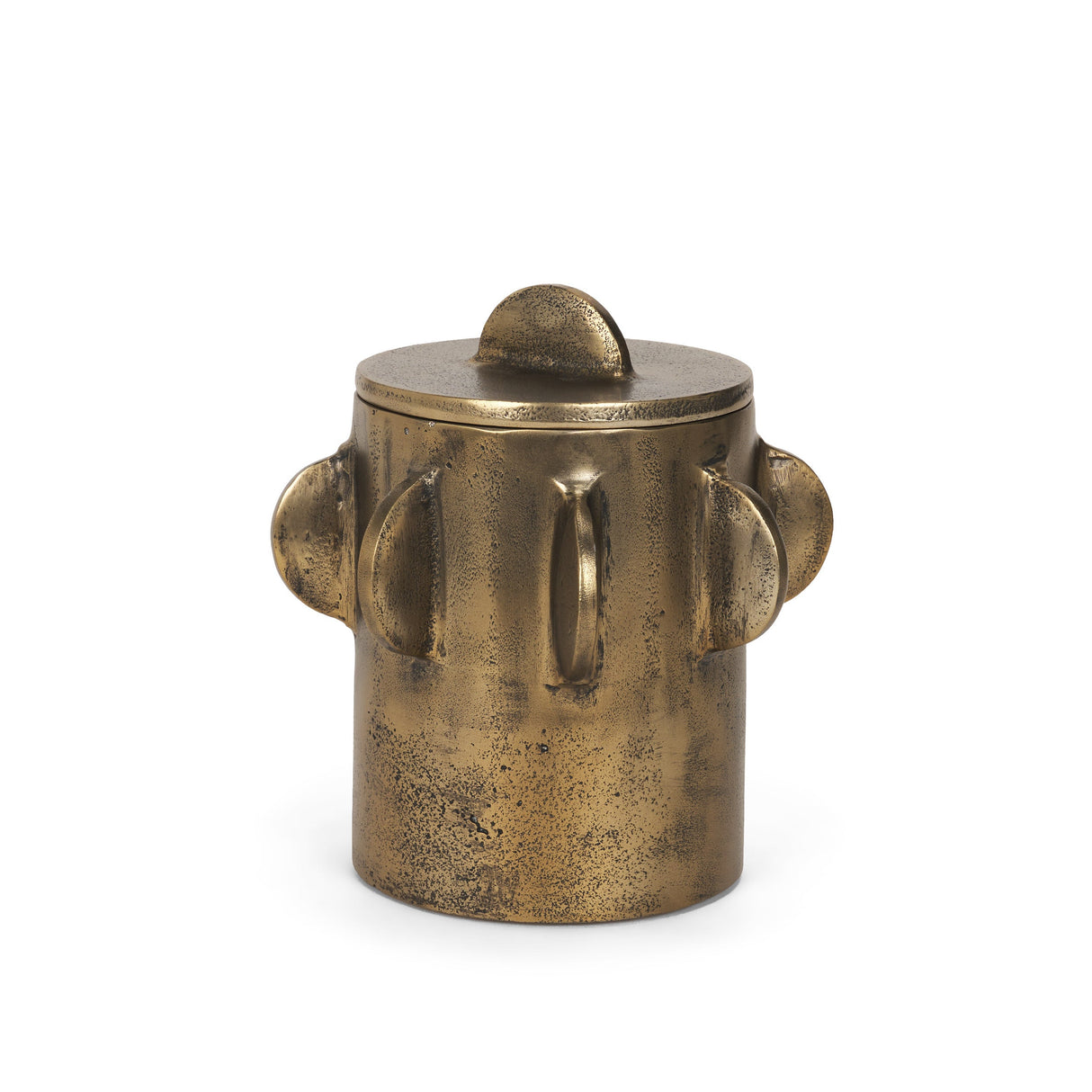 Deacon Small Antiqued Gold Metal Canister with Sculptural Handles by Mercana at Eve Furniture