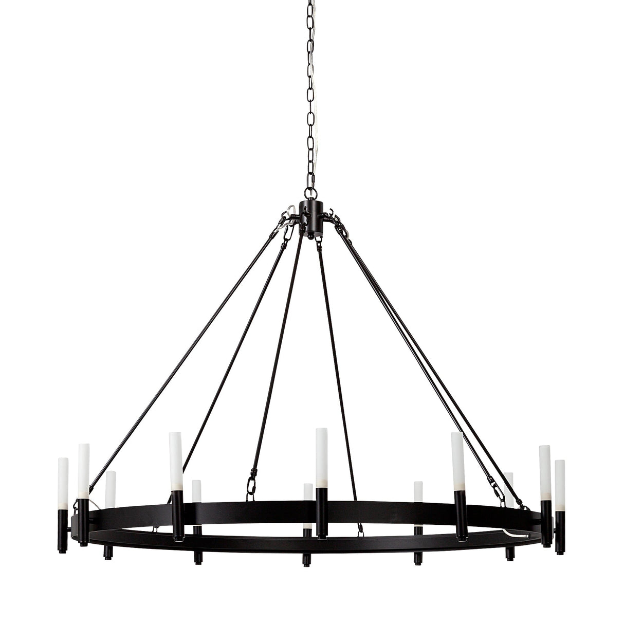 Decamp I Black Metal Chassis Glass Tube Twelve Light Chandelier by Mercana at Eve Furniture