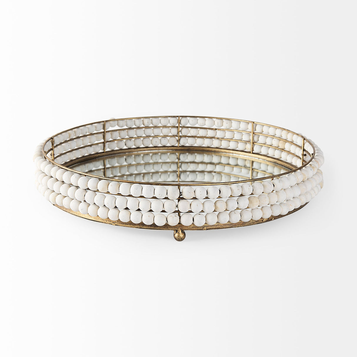 Decatur I 21L x 21W White Wooden Bead Mirrored Bottom Round Tray by Mercana at Eve Furniture