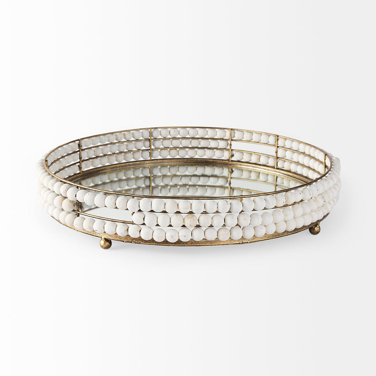 Decatur I 21L x 21W White Wooden Bead Mirrored Bottom Round Tray by Mercana at Eve Furniture
