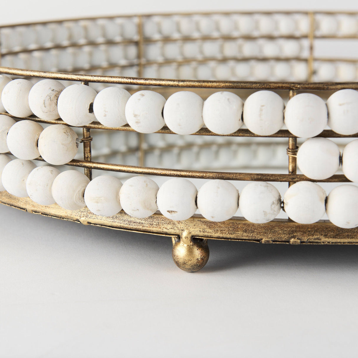 Decatur I 21L x 21W White Wooden Bead Mirrored Bottom Round Tray by Mercana at Eve Furniture