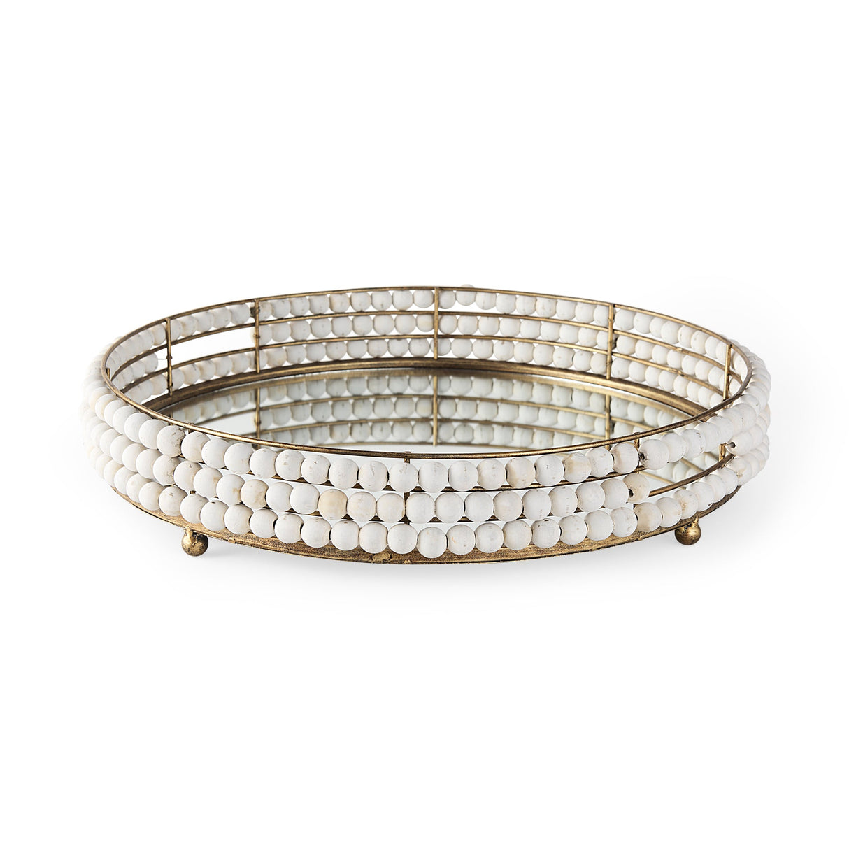 Decatur I 21L x 21W White Wooden Bead Mirrored Bottom Round Tray by Mercana at Eve Furniture