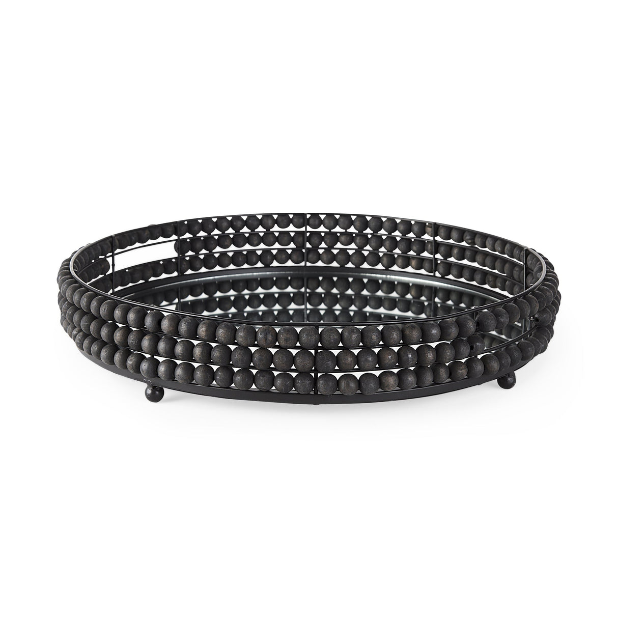 Decatur II 21L x 21W Black Wooden Bead Mirrored Bottom Round Tray by Mercana at Eve Furniture