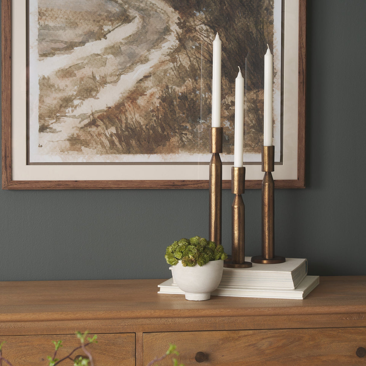 Declan Antiqued Brass Cast Metal Taper Candle Holder by Mercana at Eve Furniture