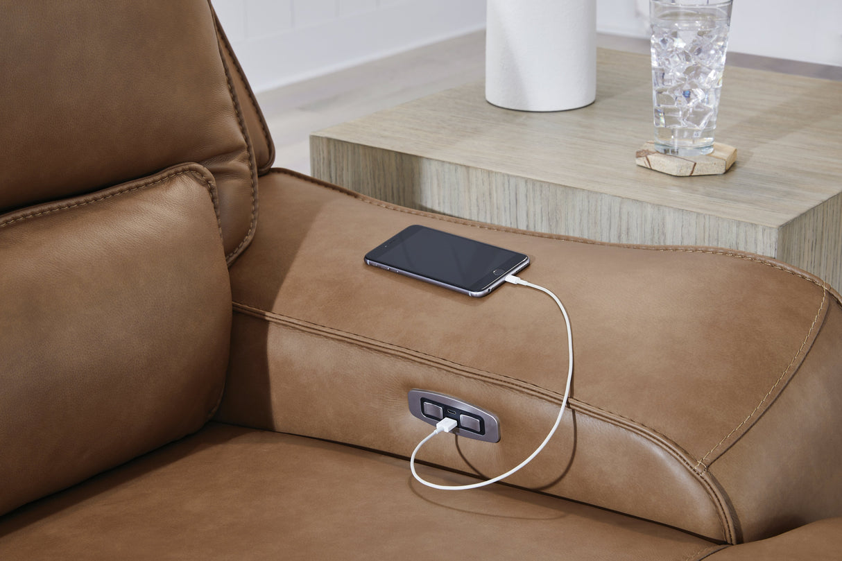 Deepwakes Caramel 3-Piece Power Reclining Sectional with Right Chaise by Ashley at Eve Furniture