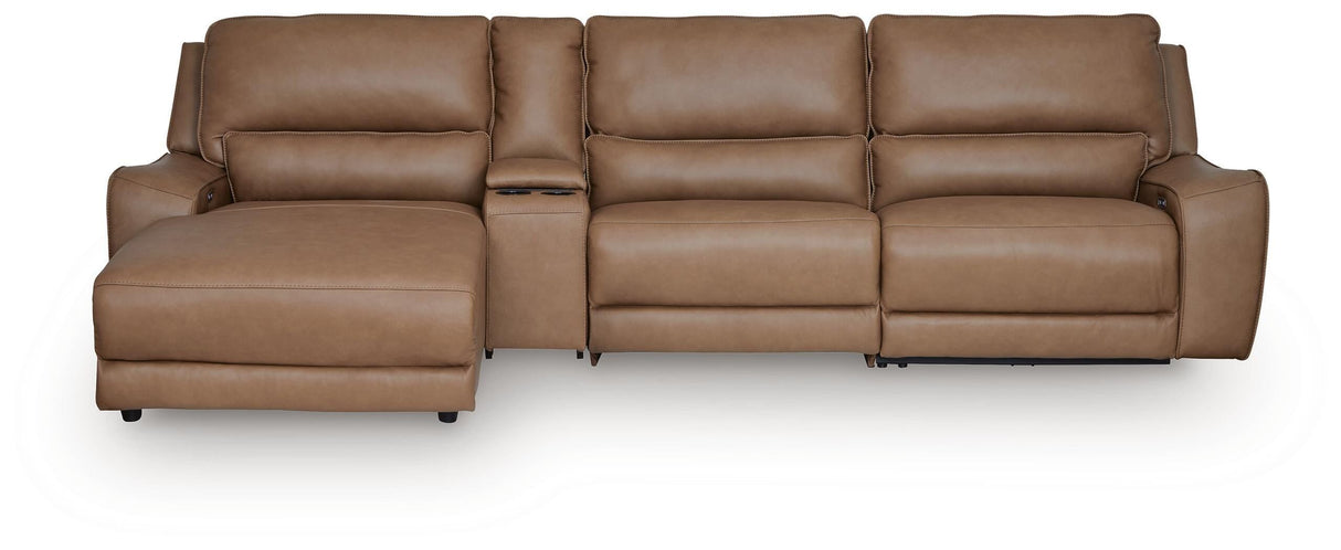 DeepWakes Caramel 4-Piece Reclining Sectional with Chaise and Storage Console by Ashley at Eve Furniture