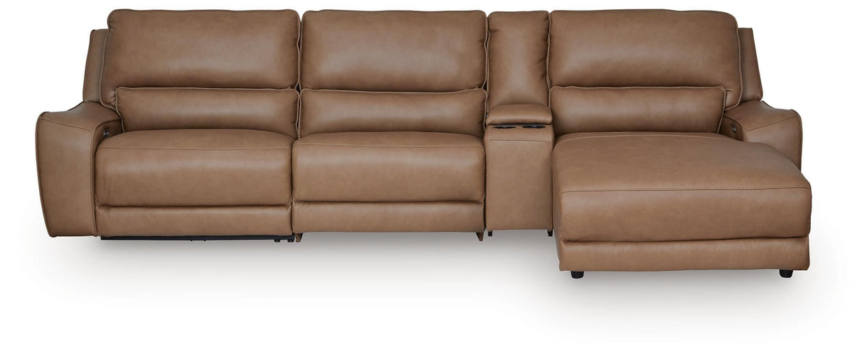 DeepWakes Caramel 4-Piece Reclining Sectional with Chaise and Storage Console by Ashley at Eve Furniture