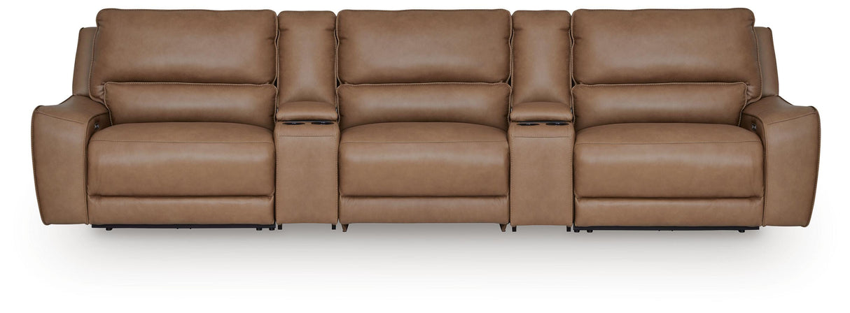 DeepWakes Caramel 5-Piece Reclining Sectional with Storage Consoles by Ashley at Eve Furniture
