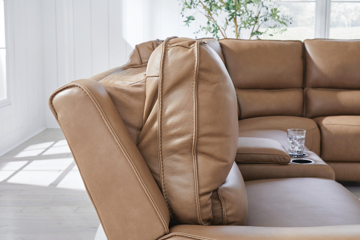 DeepWakes Caramel 7-Piece Reclining Sectional with Chaise and Storage Consoles by Ashley at Eve Furniture