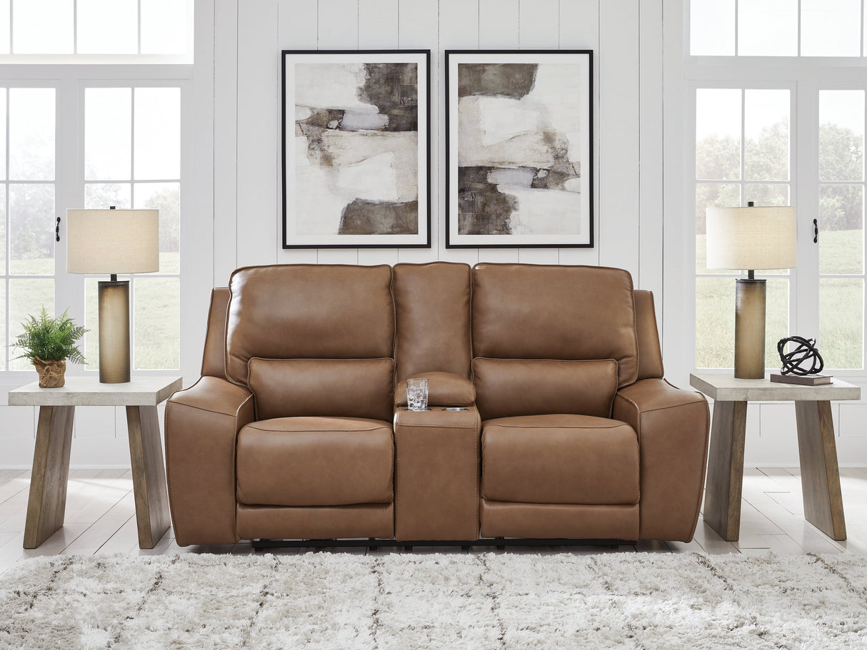 Deepwakes Caramel Power Reclining Loveseat with Console by Ashley at Eve Furniture