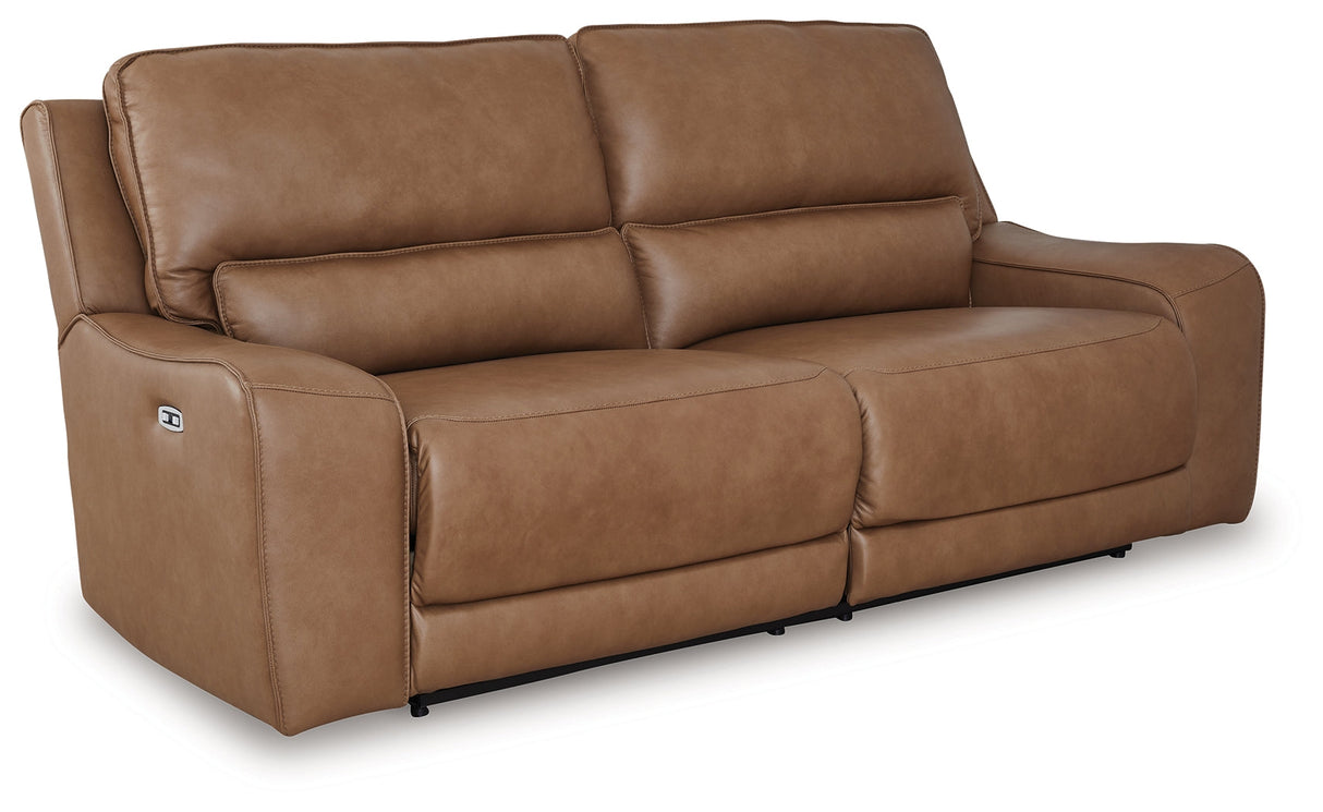 DeepWakes Caramel Dual Power Leather Reclining Sofa by Ashley at Eve Furniture