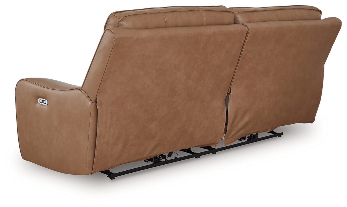DeepWakes Caramel Dual Power Leather Reclining Sofa by Ashley at Eve Furniture