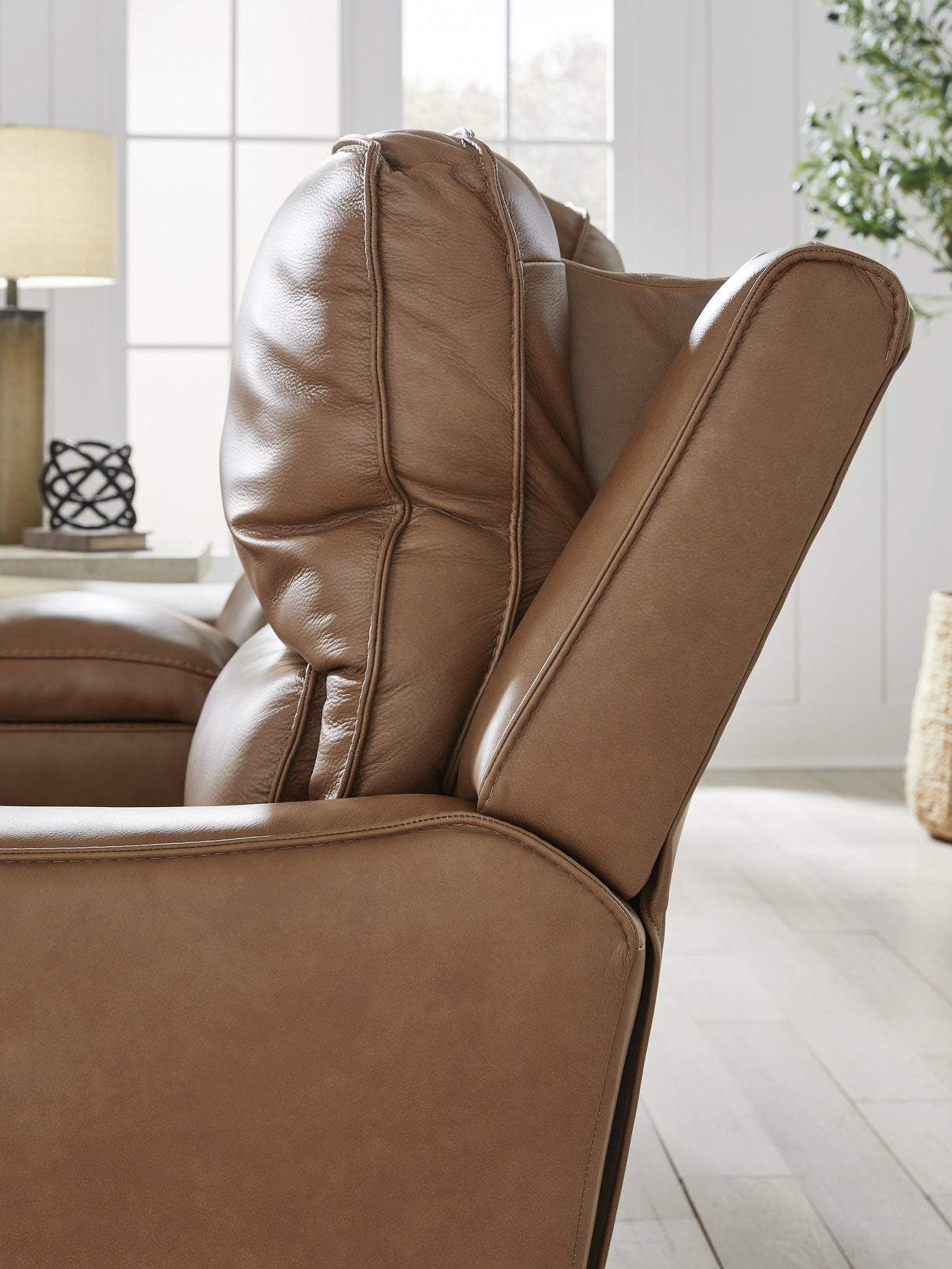 DeepWakes Caramel Dual Power Leather Reclining Sofa by Ashley at Eve Furniture