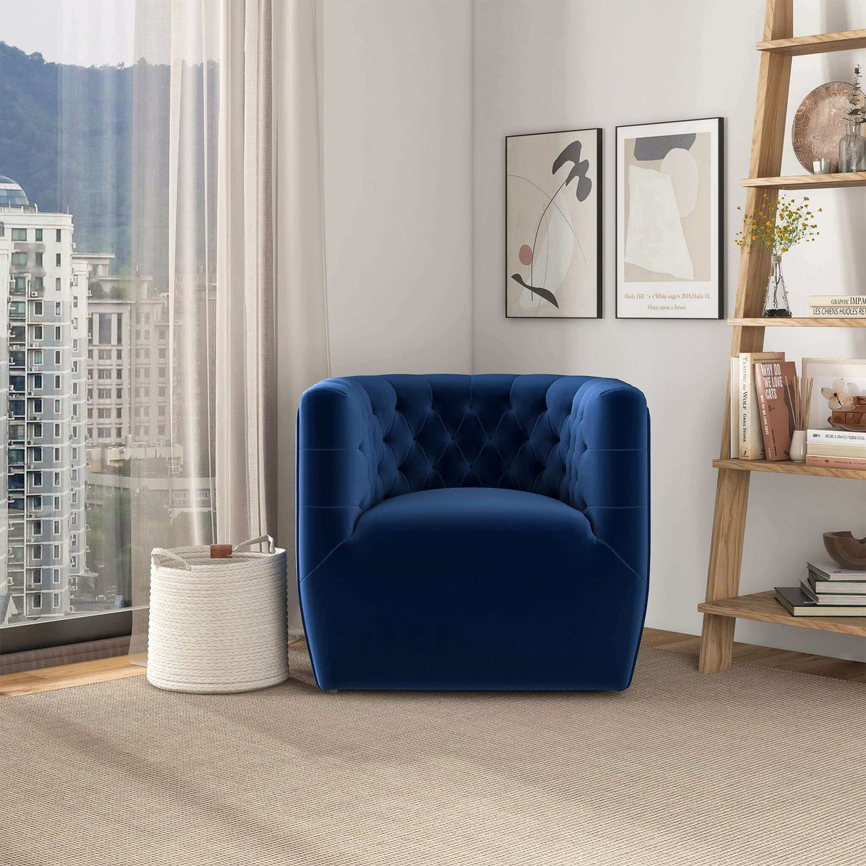 Delaney Dark Blue Velvet Swivel Chair by Ashcroft Furniture at Eve Furniture