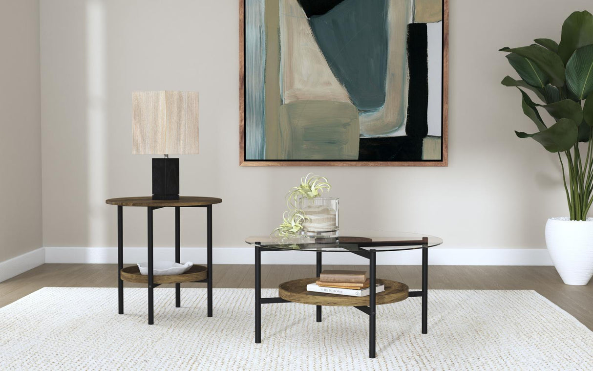 Delfin Black and Brown Round Glass Top End Table with Shelf by Coaster at Eve Furniture