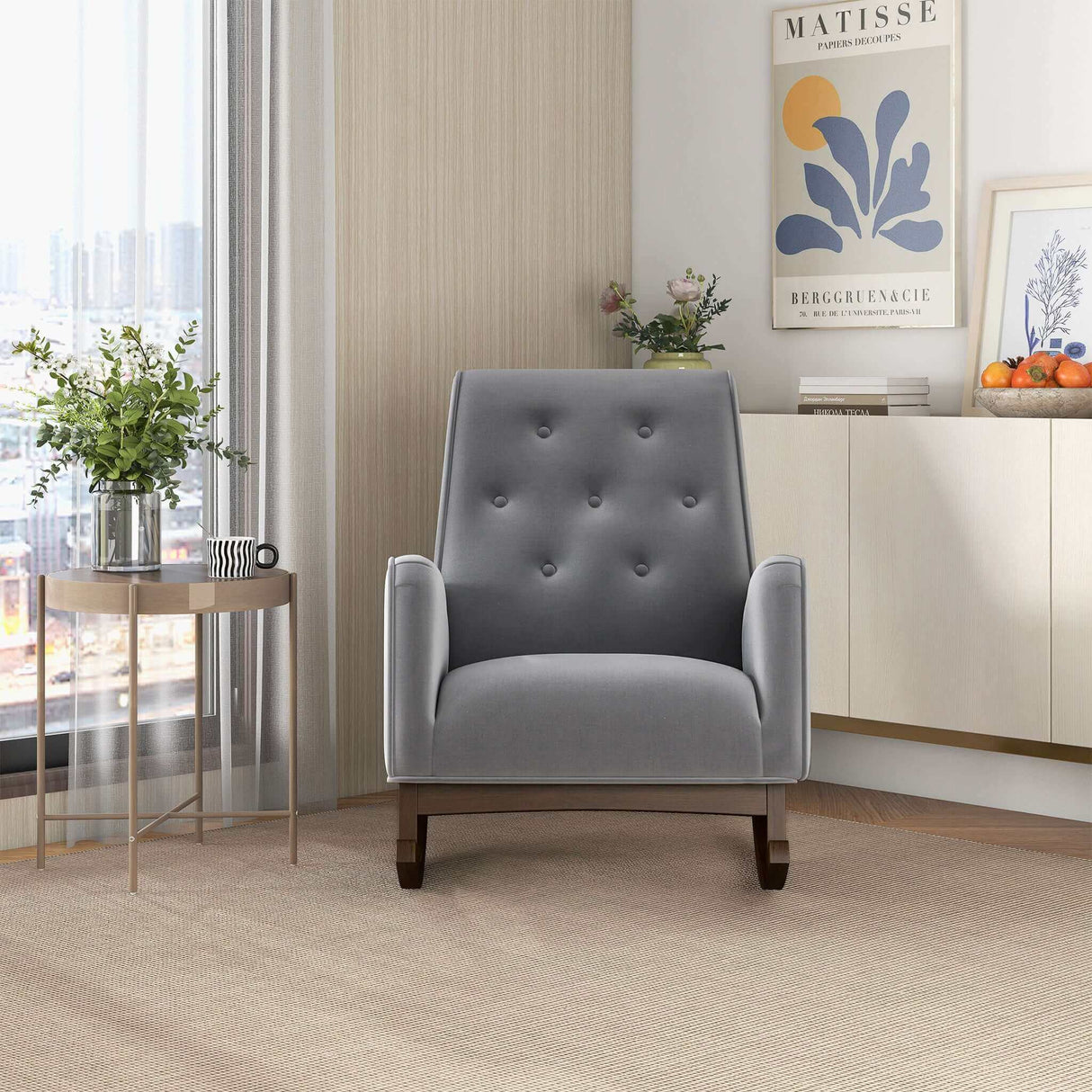 Demetrius Light Grey Fabric Solid Wood Rocking Chair by Ashcroft Furniture at Eve Furniture