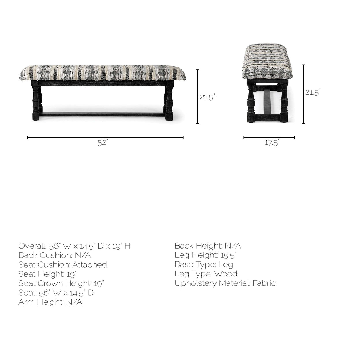 Denison II Black Wood Base Woven-Leather Cushion Top Accent Bench by Mercana at Eve Furniture