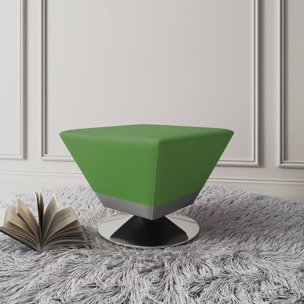 Diamond Swivel Ottoman in Green and Polished Chrome by Manhattan Comfort at Eve Furniture
