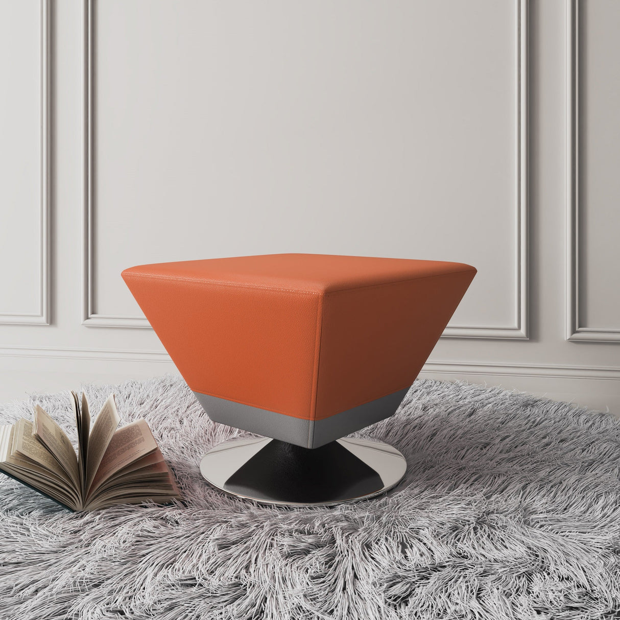 Diamond Swivel Ottoman in Orange and Polished Chrome by Manhattan Comfort at Eve Furniture