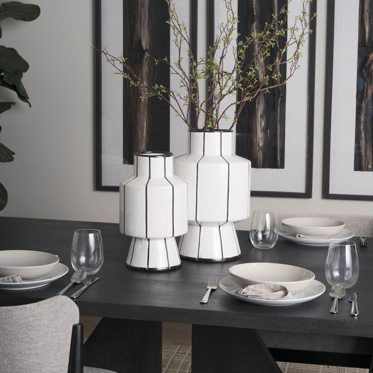 Dinah Large White w/ Black Stripes Ceramic Vase by Mercana at Eve Furniture