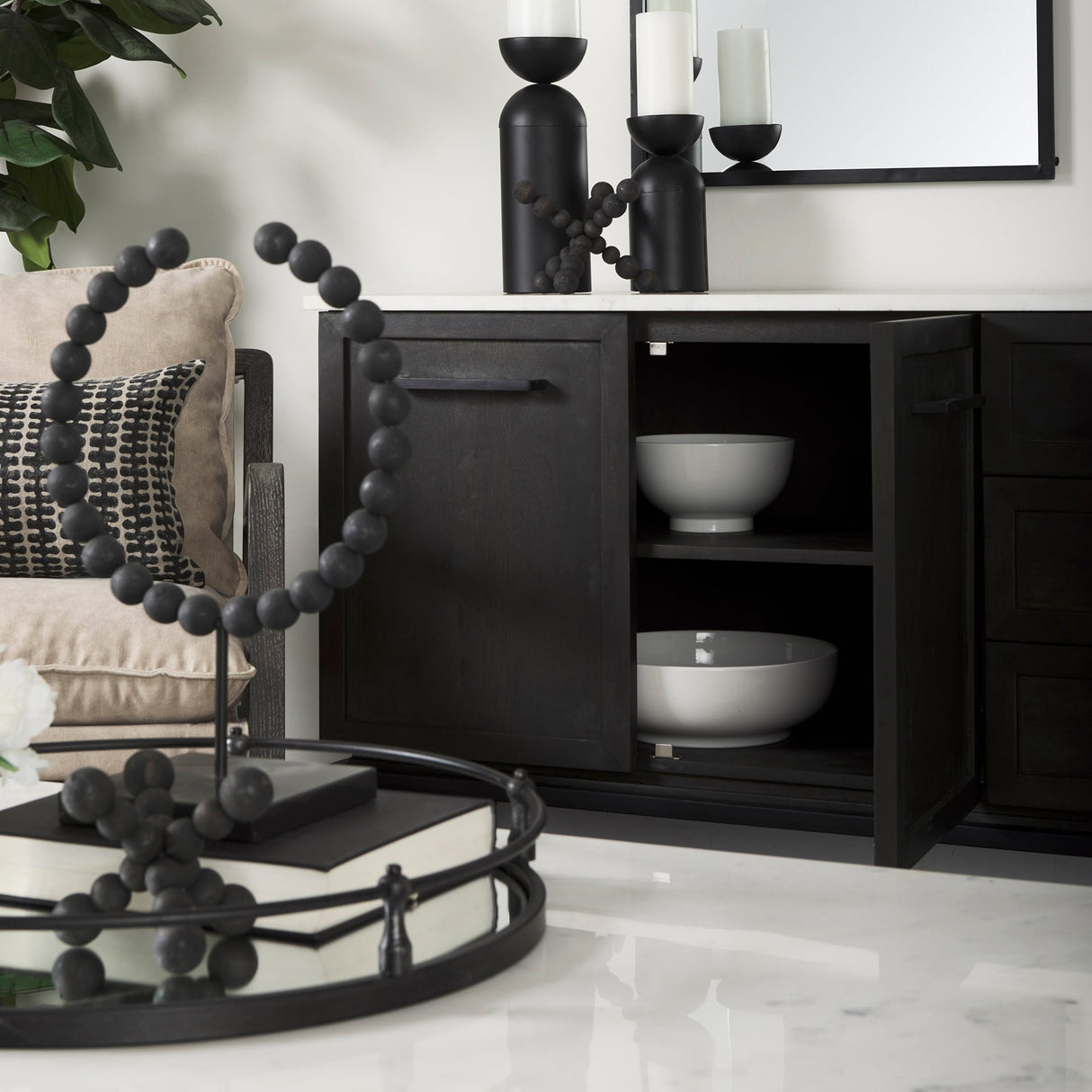 Divina Black-Brown Wood w/ White Marble Top and Black Metal Base Sideboard by Mercana at Eve Furniture