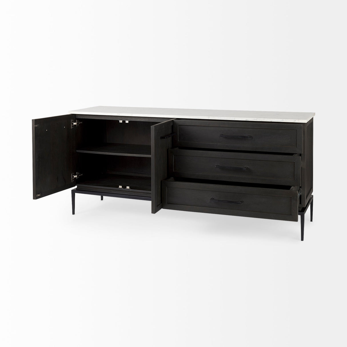 Divina Black-Brown Wood w/ White Marble Top and Black Metal Base Sideboard by Mercana at Eve Furniture
