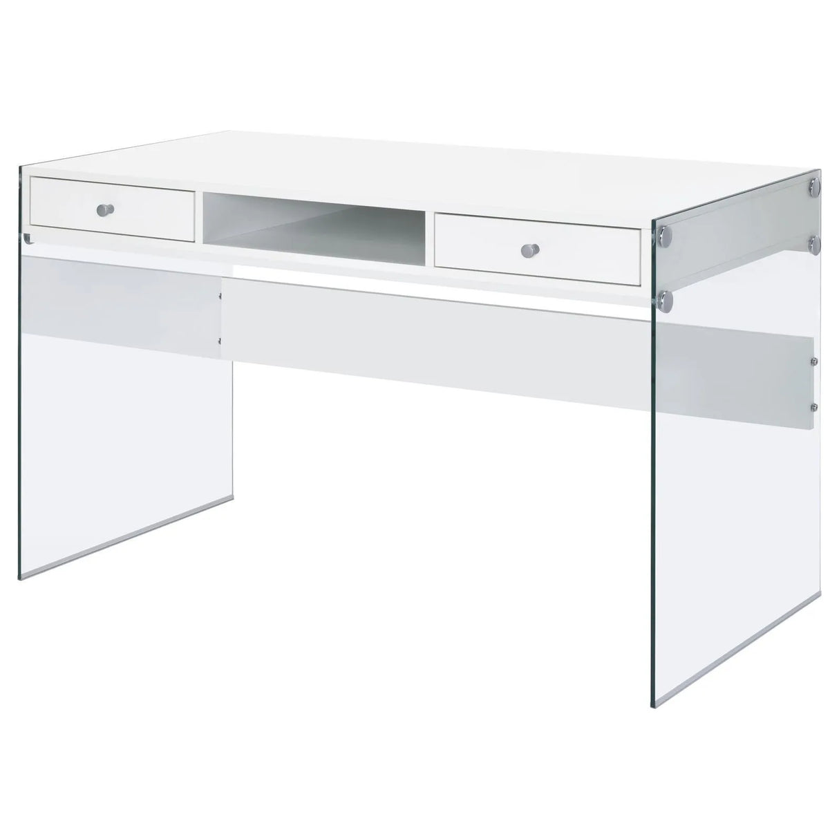 Dobrev Glossy White/Clear 2-Drawer Writing Desk by Coaster at Eve Furniture