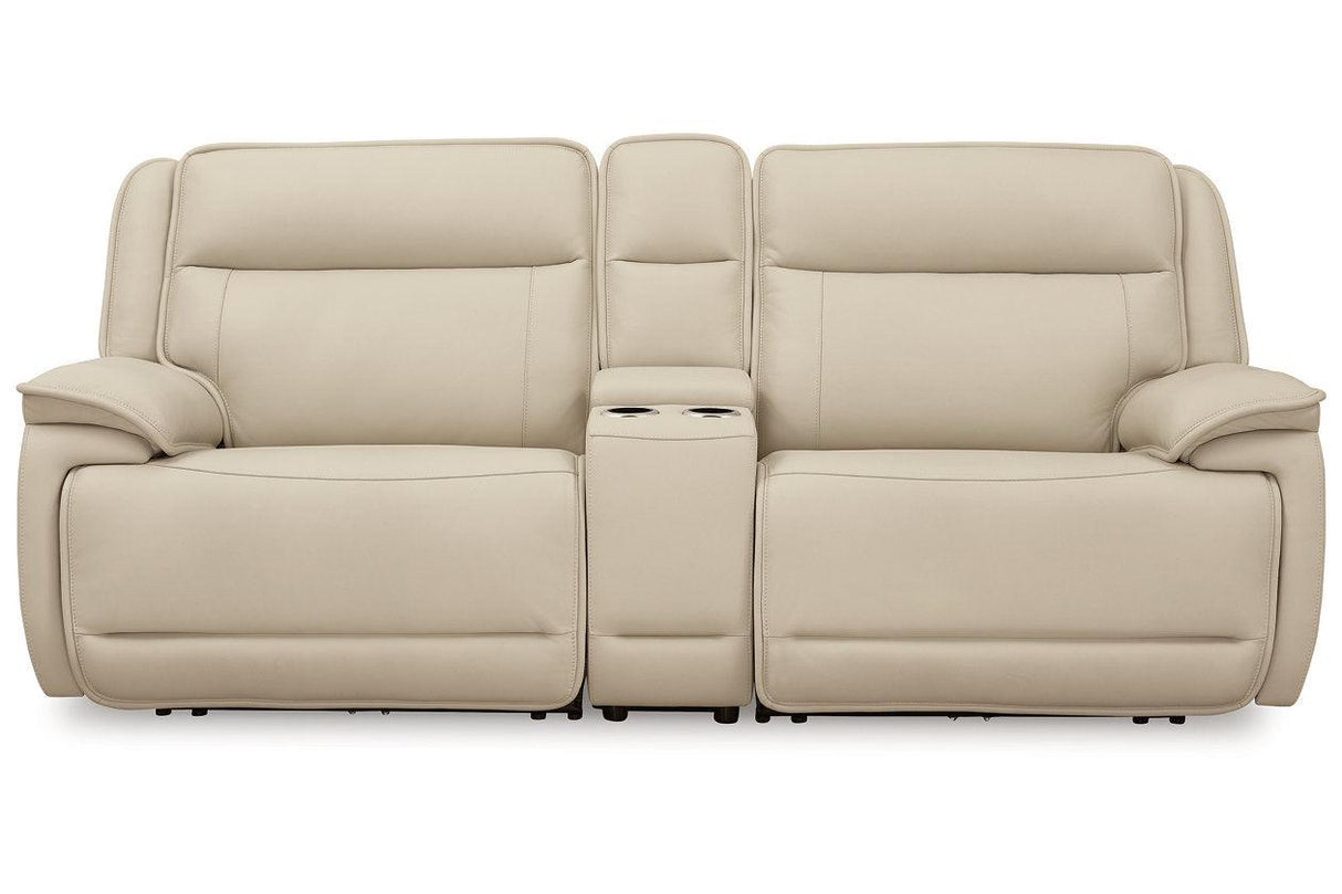 Double Deal Almond 2-Piece Power Reclining Loveseat Sectional with Console by Ashley at Eve Furniture