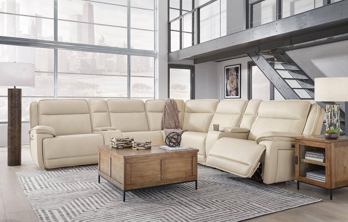 Double Deal Almond 7-Piece Power Reclining Sectional with Consoles by Ashley at Eve Furniture