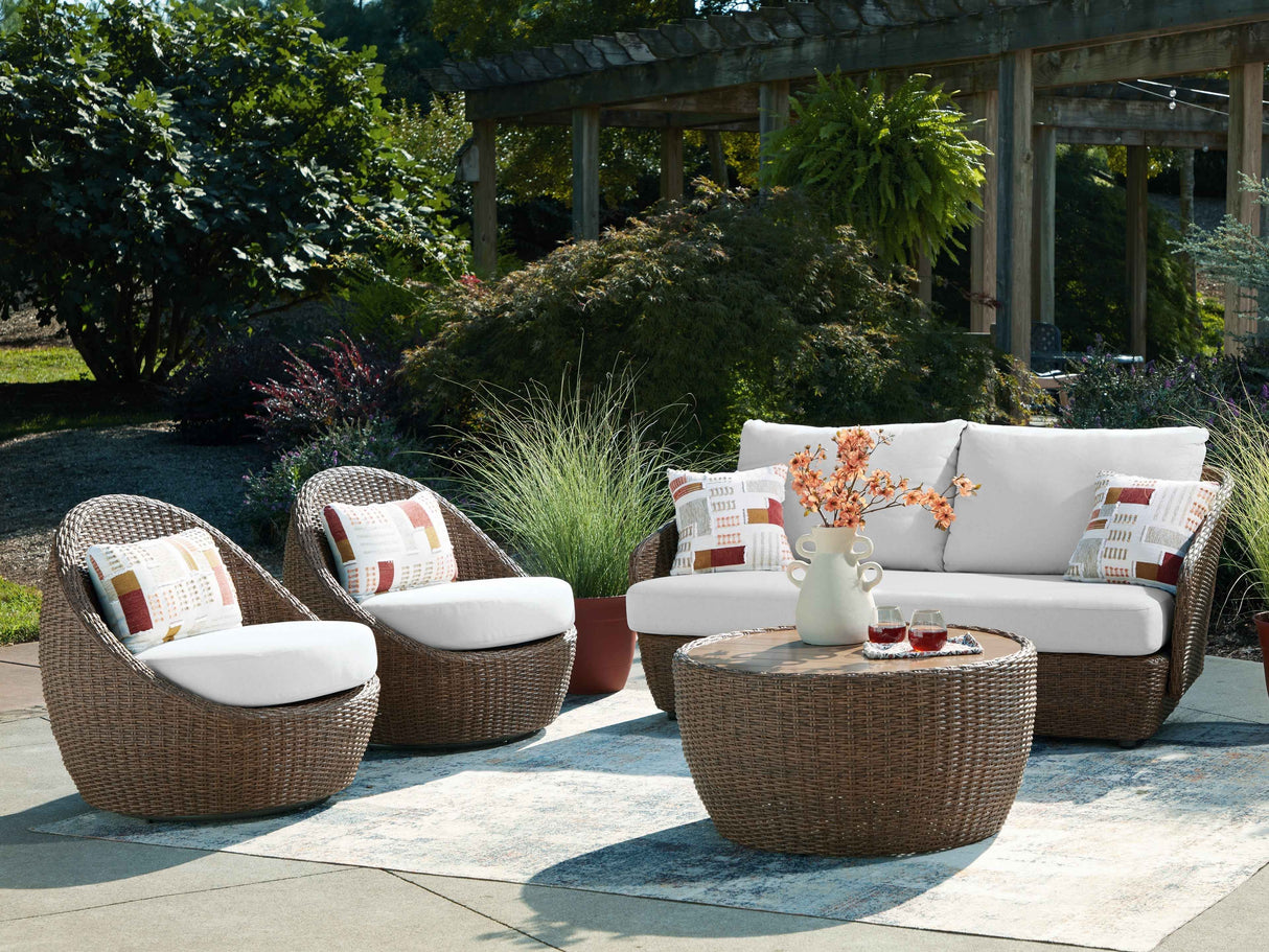 Double Point Beige Outdoor Seating Set by Ashley at Eve Furniture