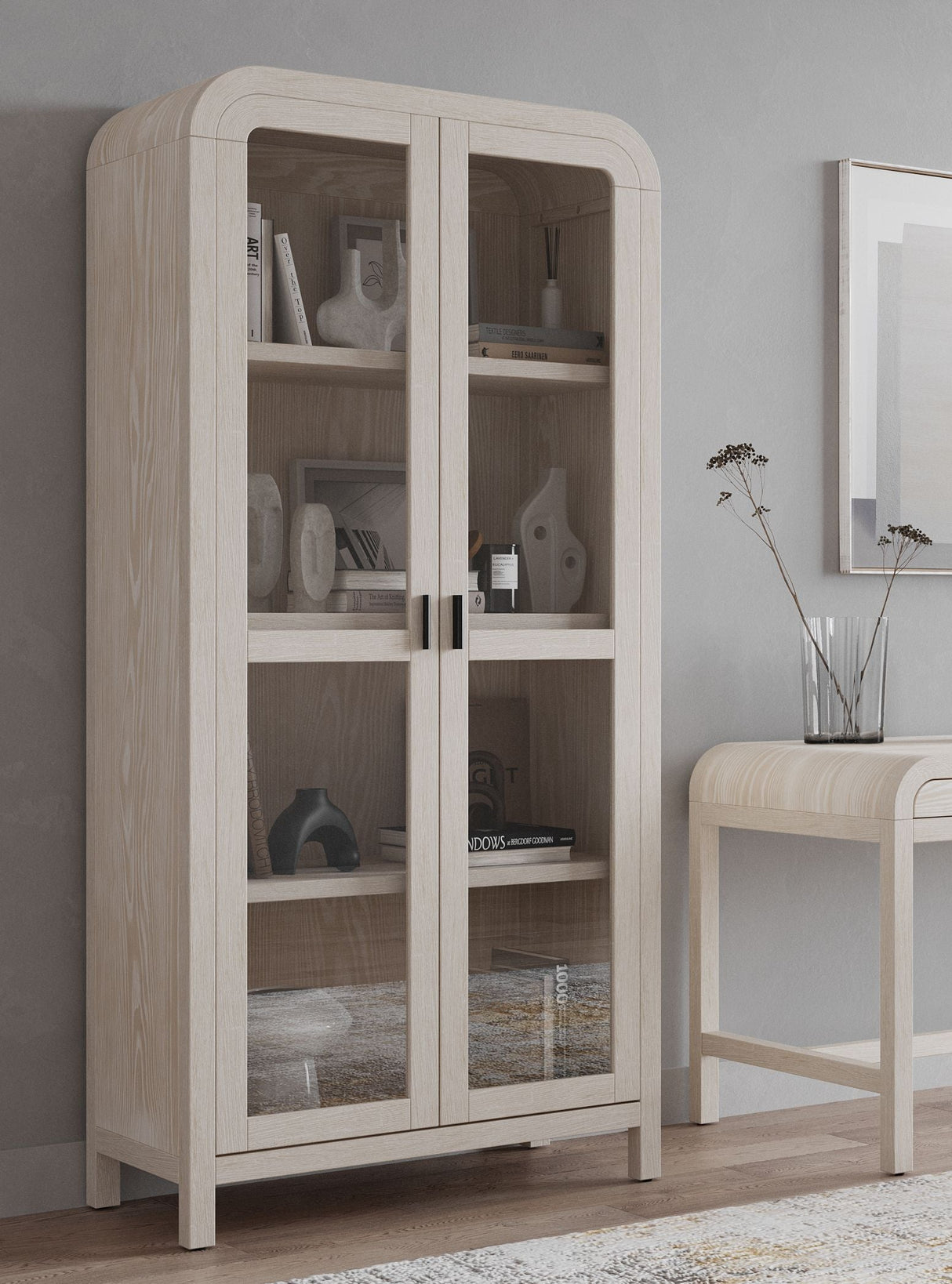Drake Glass Door Wooden Bookcase in Sugar by Modus Furniture at Eve Furniture