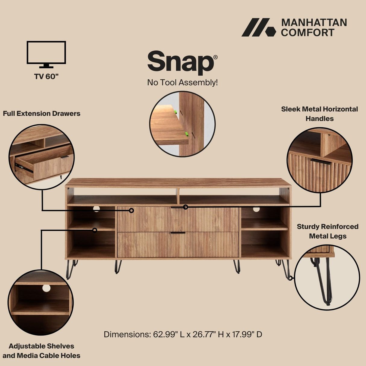 DUMBO 63" TV Stand in Golden Brown by Manhattan Comfort at Eve Furniture