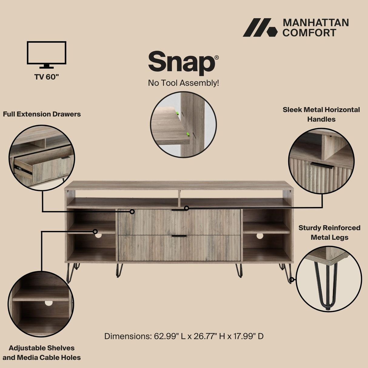 DUMBO 63" TV Stand in Rustic Grey by Manhattan Comfort at Eve Furniture