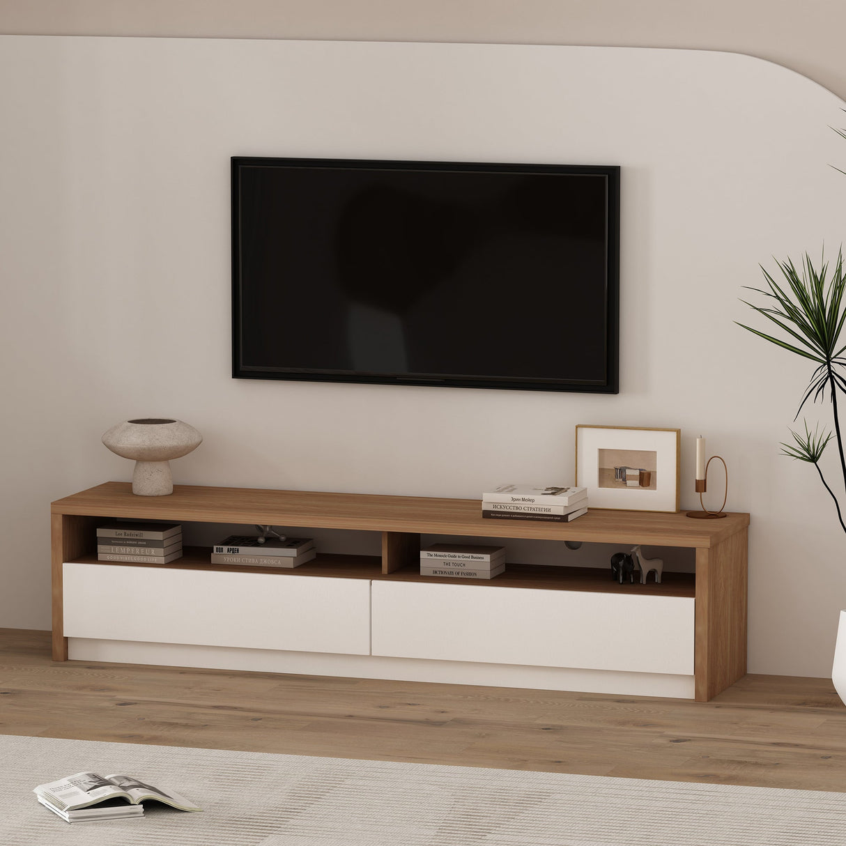 Duncan 70" TV Stand in Maple and Off White by Manhattan Comfort at Eve Furniture